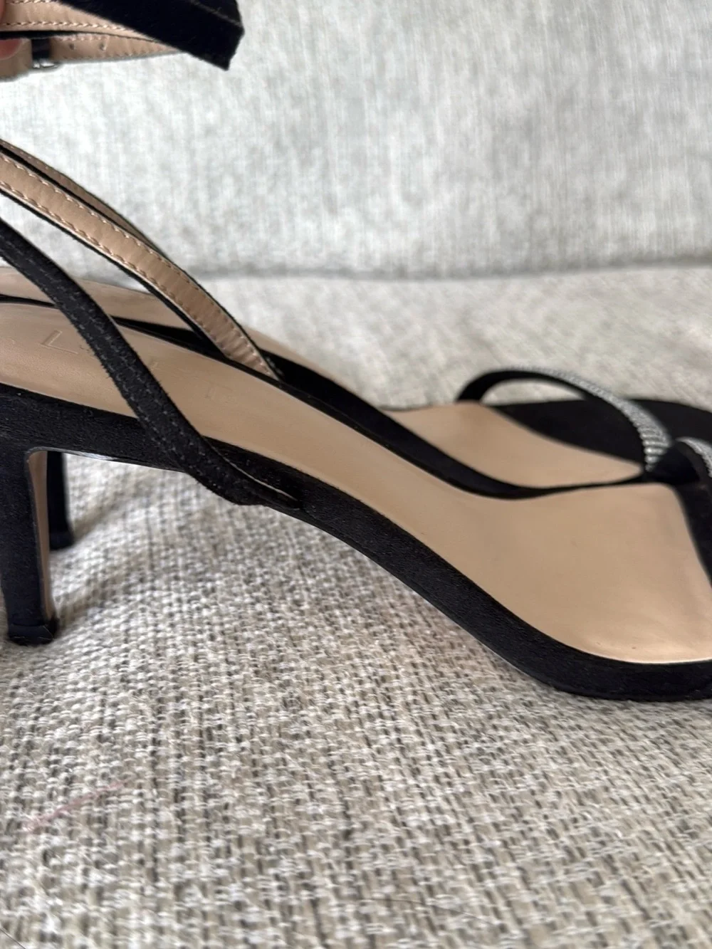 LOFT Black Ankle-Strap Kitten Heels with Rhinestone Toe Band